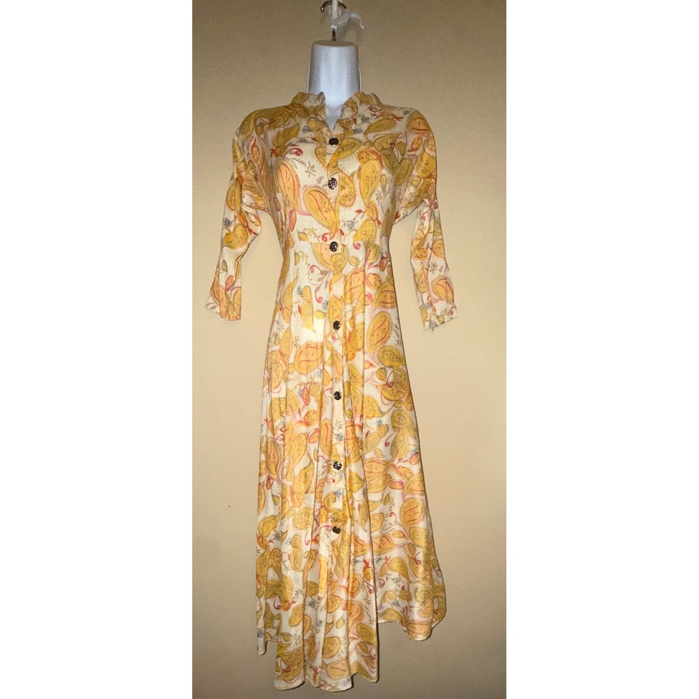 Vintage Prairie Yellow Orange Paisley nonfunction Buttons Maxi‎ Dress L TeaParty